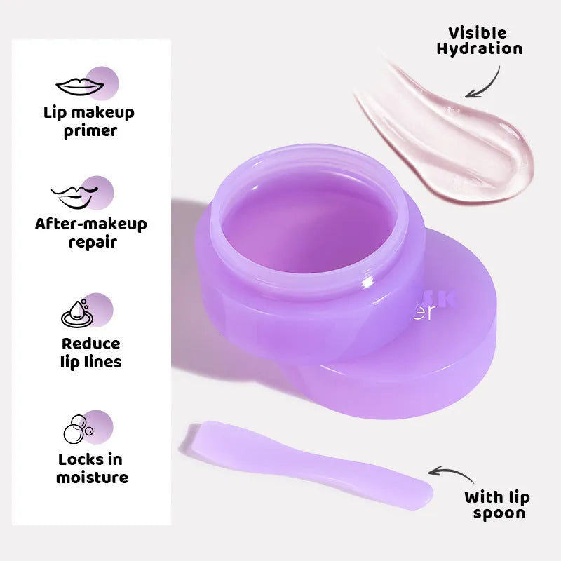 Exfoliating lip balm jar with lid alongside lip mask and scraper tool on white background