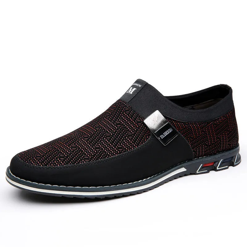 Men's black synthetic leather slip-on casual shoes with a square toe and rubber sole.