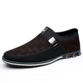 Men's black synthetic leather slip-on casual shoes with a square toe and rubber sole.