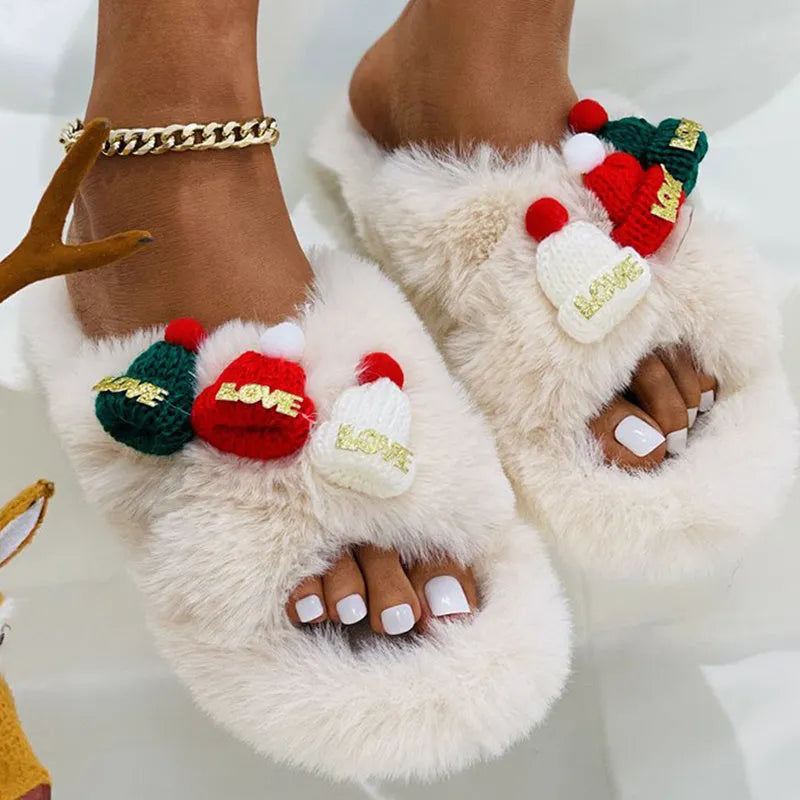 Women's Christmas hat slippers in black, khaki, or white with faux plush upper.