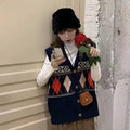 Women's sleeveless diamond plaid cardigan in loose fit available khaki red navy blue