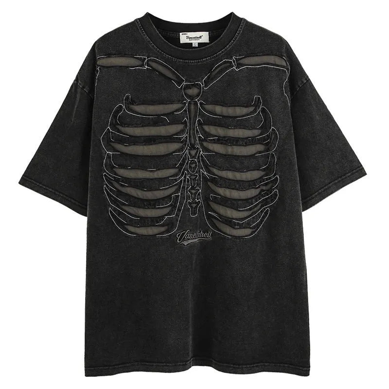Brown loose-fit men's t-shirt with a skull and letter graphic print and drop-shoulder sleeves.