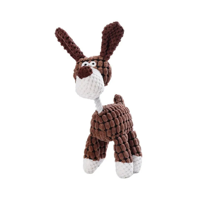 Bite-resistant plush puppy toy showing donkey, rechargeable duck, elephant, and dog styles.