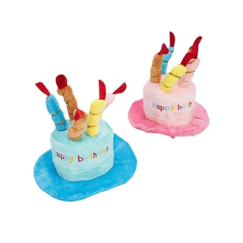 Adjustable dog birthday hat for small breeds in pink or blue colour with elastic strap