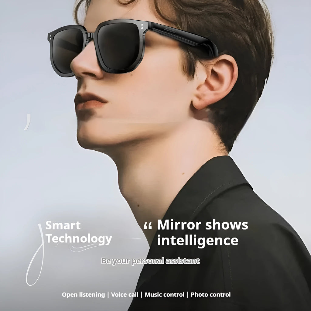 Black AI smart Bluetooth sunglasses with touch controls for hands-free calls and music.