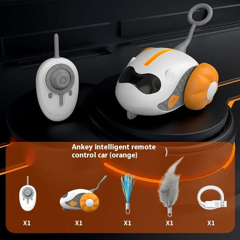 Charging cat teaser remote control toy with feather attachments in blue and orange colour options