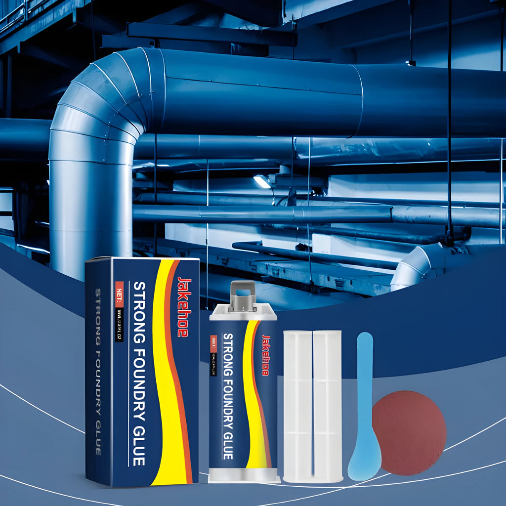 85ml metal sealant epoxy glue kit with push rod, scraper, and sandpaper for steel and copper repairs.
