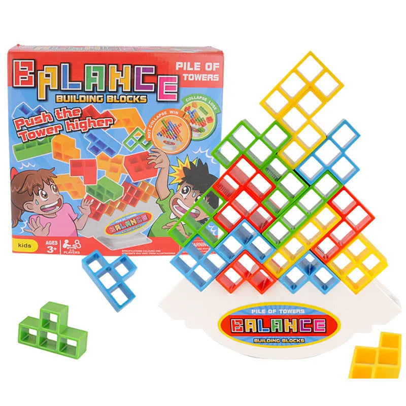 Plastic balance stacking game with colourful blocks, chassis, and base in packaging.