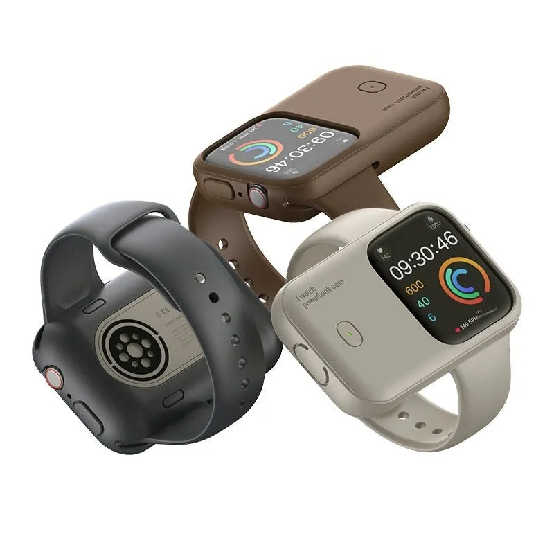 Apple Watch portable wireless power bank charging case with silicone sleeve in brown colour.