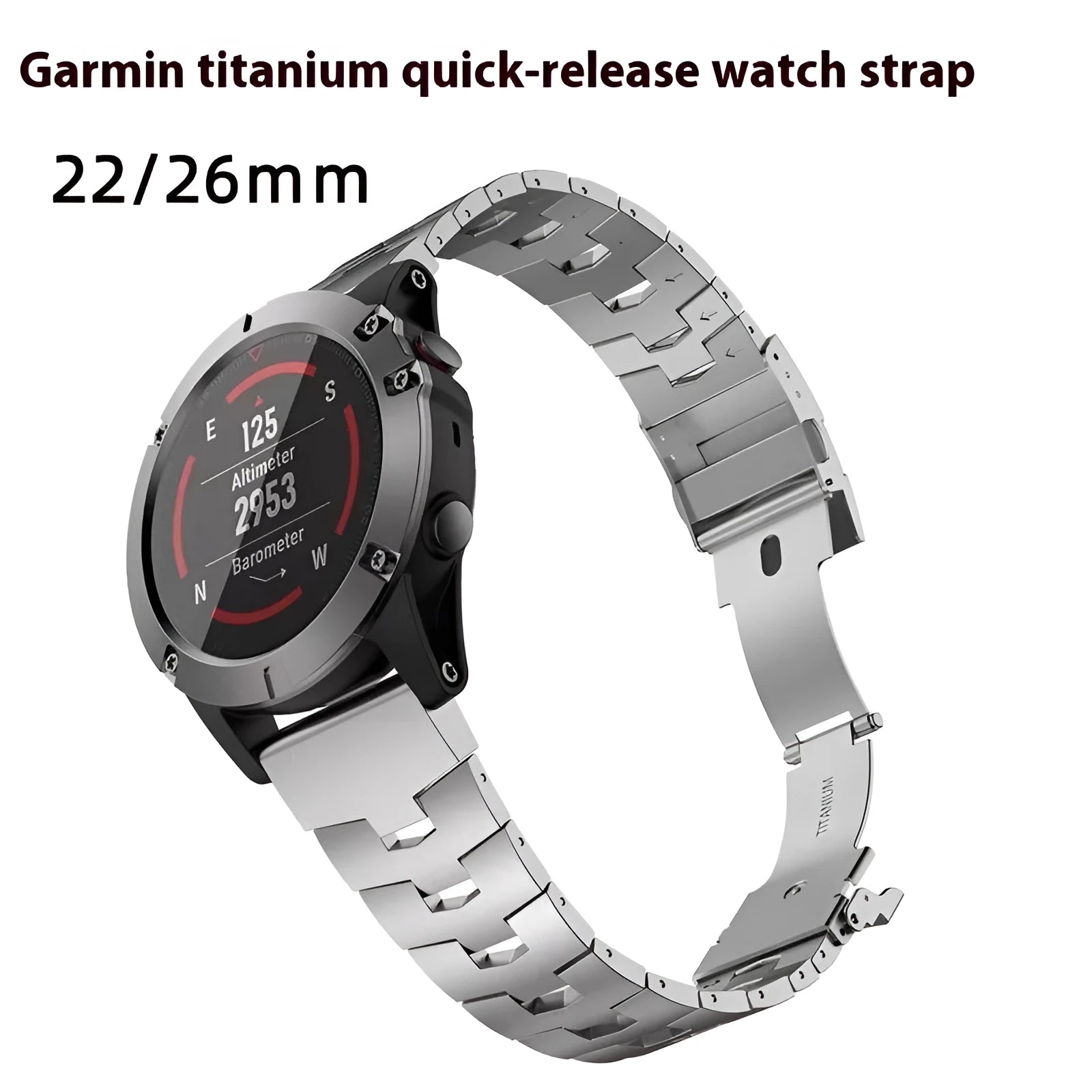 Garmin Jiaming Fenix metal watch strap in black, silver, titanium colours with 22mm and 26mm width sizes