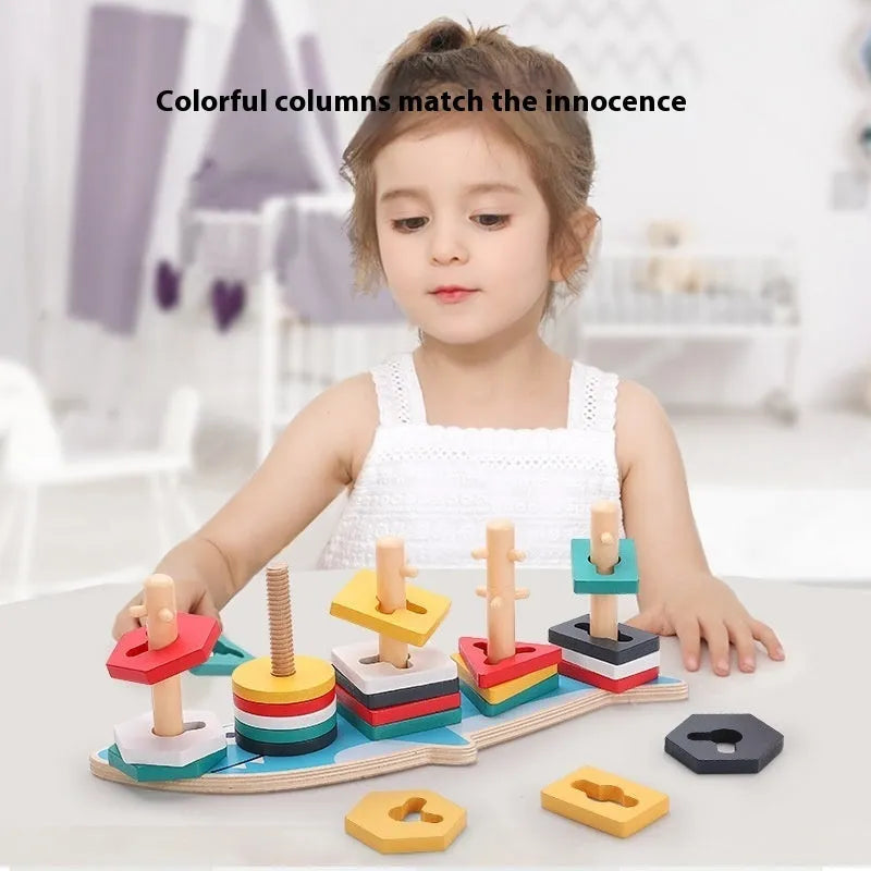 Wooden geometric column building blocks toy in May Day set column colours with 27x7.5x8cm dimensions