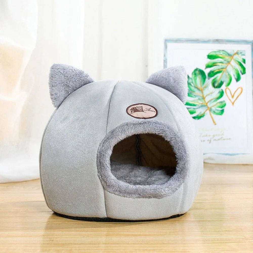 Large beige fully enclosed cat sofa winter nest with warm lining