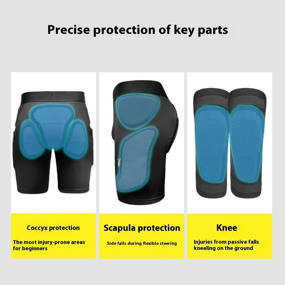 X-ray diffraction ski protective gear set showing slim hip pads and knee pads for multi-sport impact protection