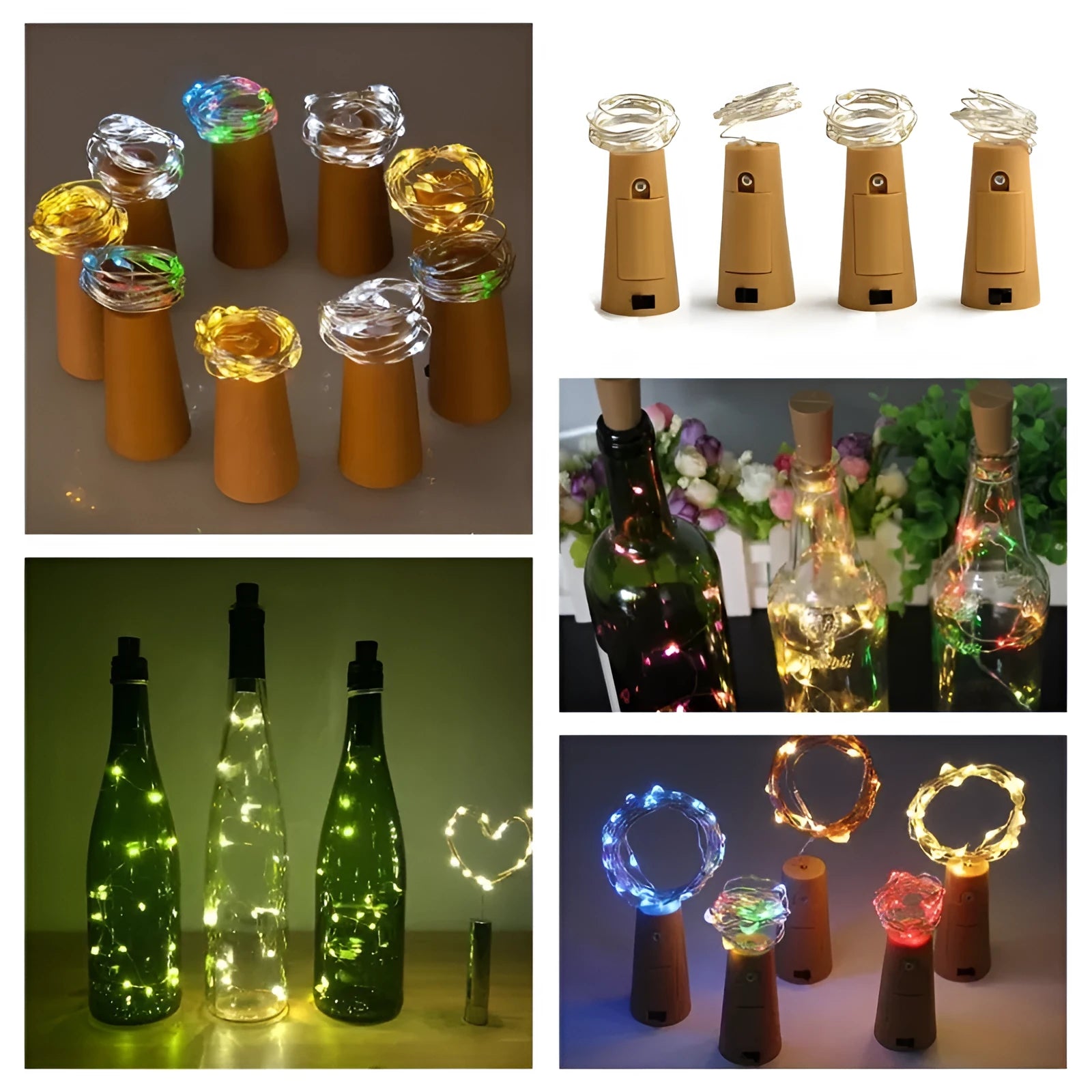 Copper wire LED string lights inserted into wine bottle with warm white illumination