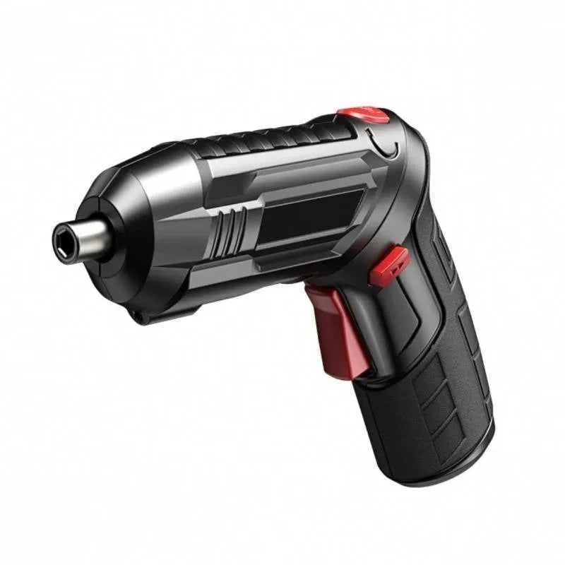 Cordless electric screwdriver tool with lithium battery and utility bag set for DIY home use.