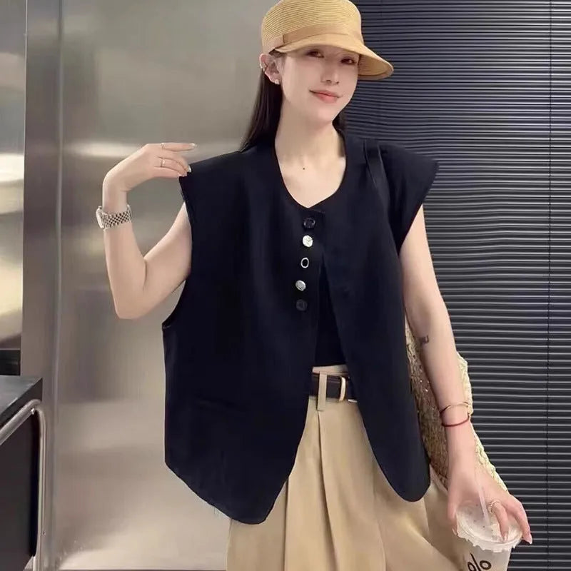 Women's short length polyester vest in milky white with front pockets