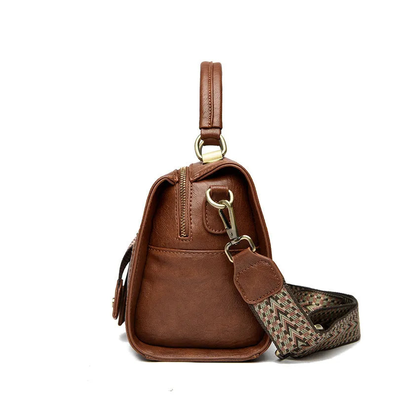 Soft PU leather women's crossbody bag in a horizontal square shape with a sandwich pocket.