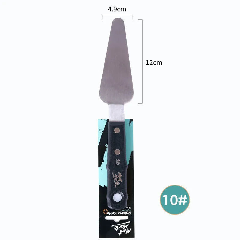 Three stainless steel palette knives for painting with No. 3, No. 10, and No. 12 profiles