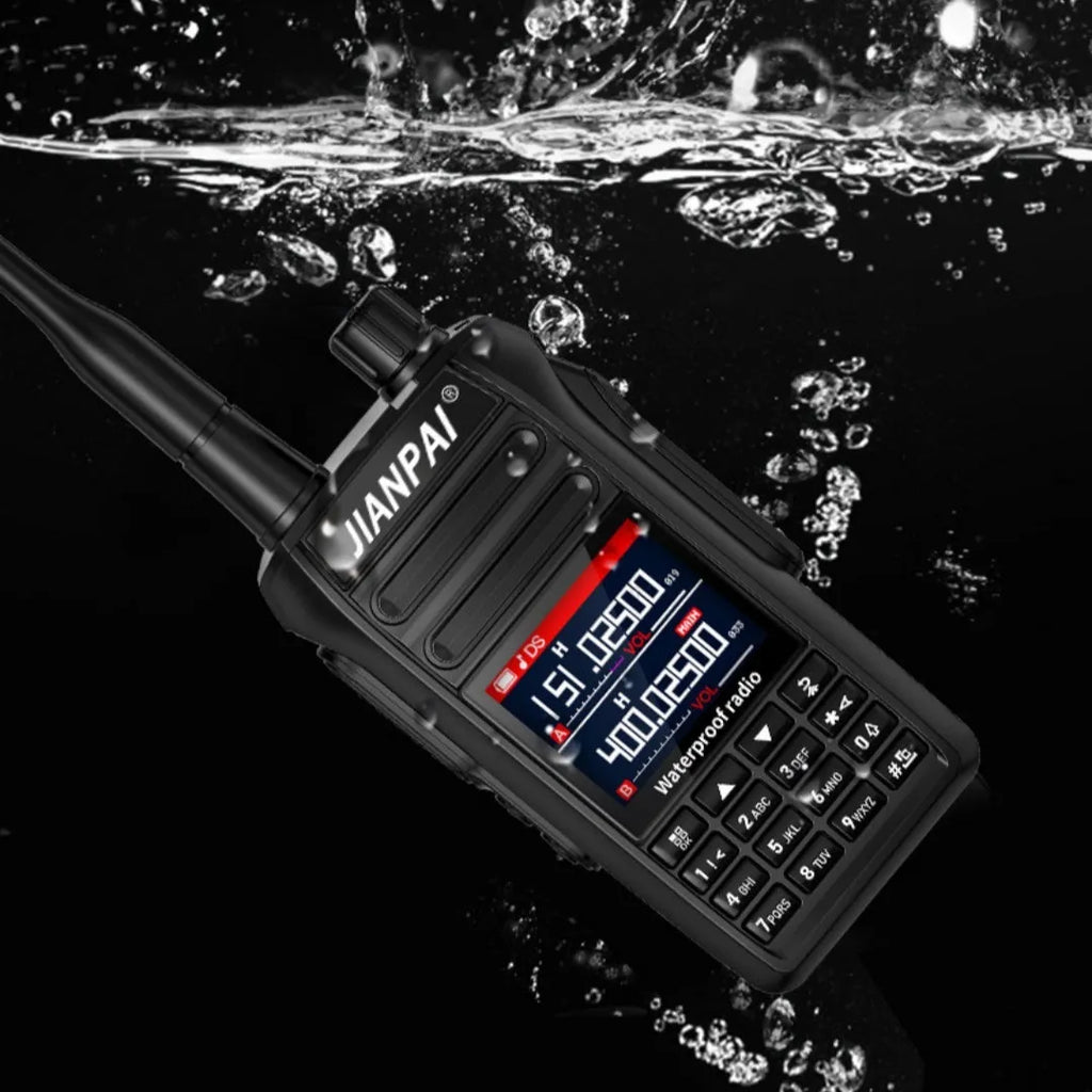 Black Interphone aviation full band radio communication headset with complete kit including battery, antenna, and charging equipment