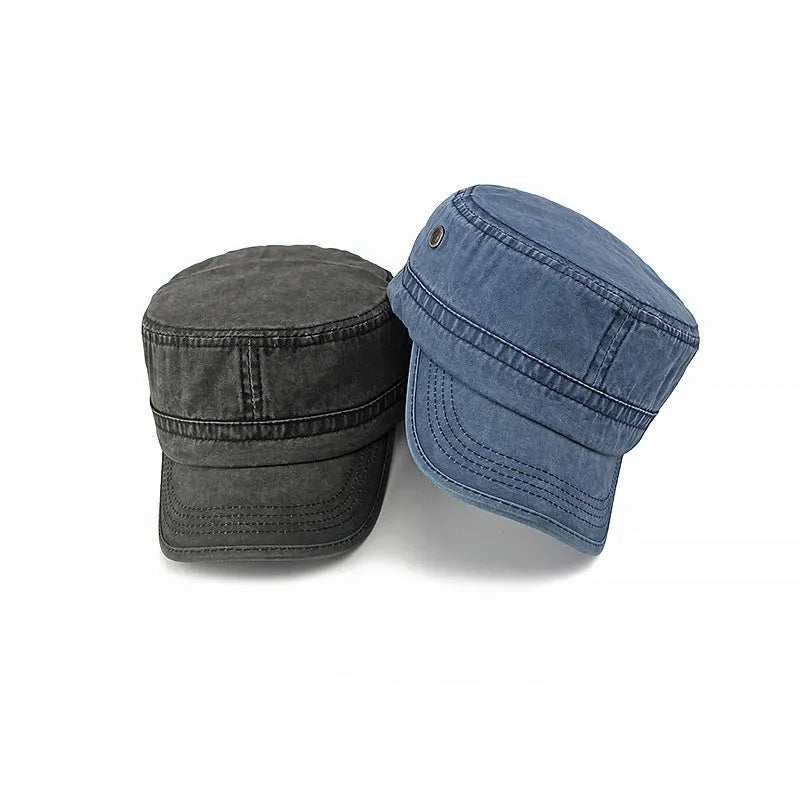 Flat top military cap in cotton fabric with adjustable sizing in four colour options