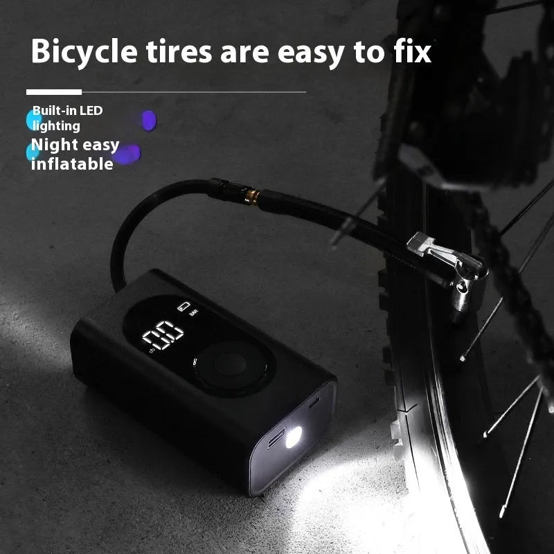 Portable wireless tyre pump with power bank and flashlight functions for multiple vehicle types