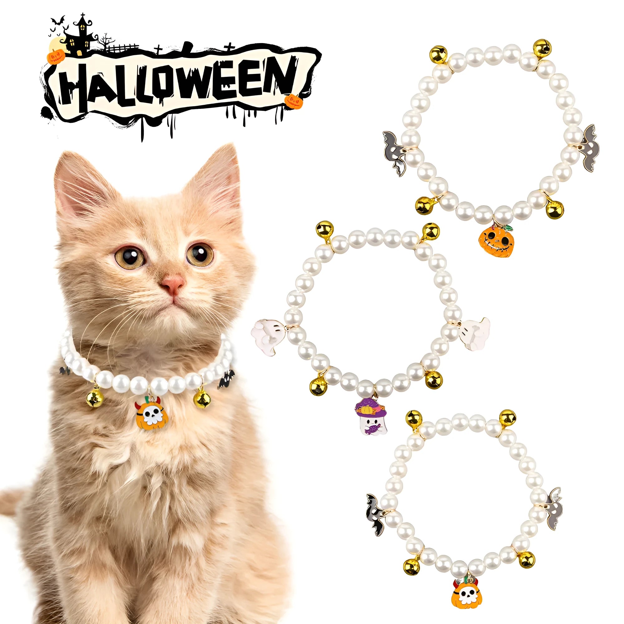 Simulated pearl Halloween cat collar with a choice of purple ghost, skull, or smiling pumpkin charm.