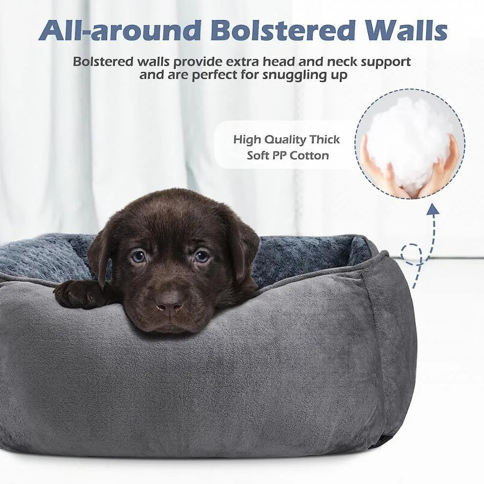 Beige stuffed kennel-style dog bed for a large golden retriever, showing plush nest design.