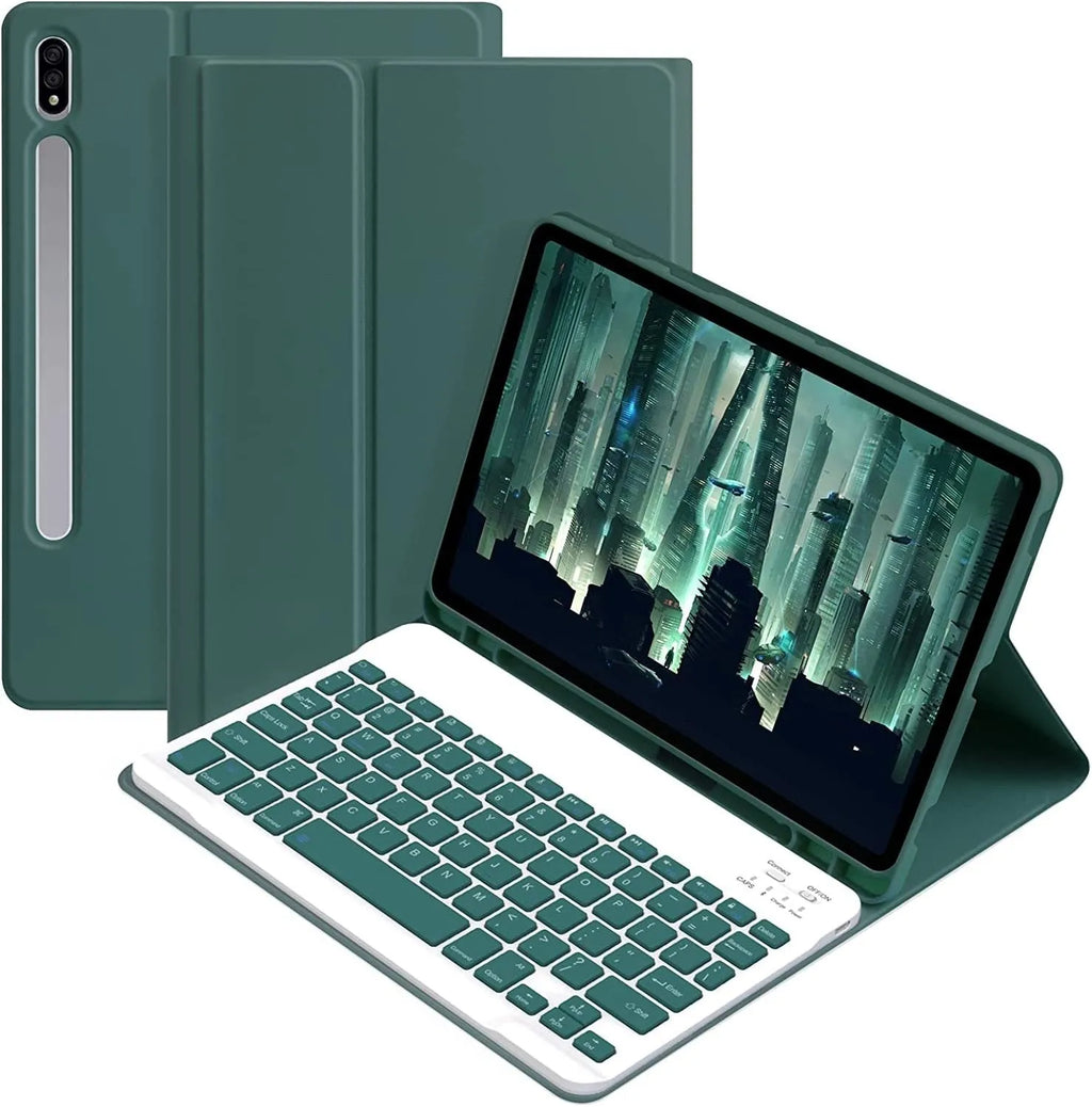 Samsung Galaxy tablet in a TPU case with a Bluetooth keyboard and a charging mouse alongside.