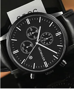 Men's business quartz watch with genuine leather strap, stainless steel case, slim 8mm profile, and 10mm dial in all black colour