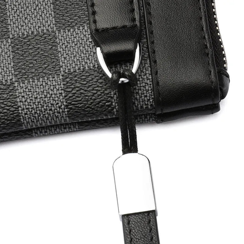 Men's black leather plaid clutch wallet showing front design and dimensions