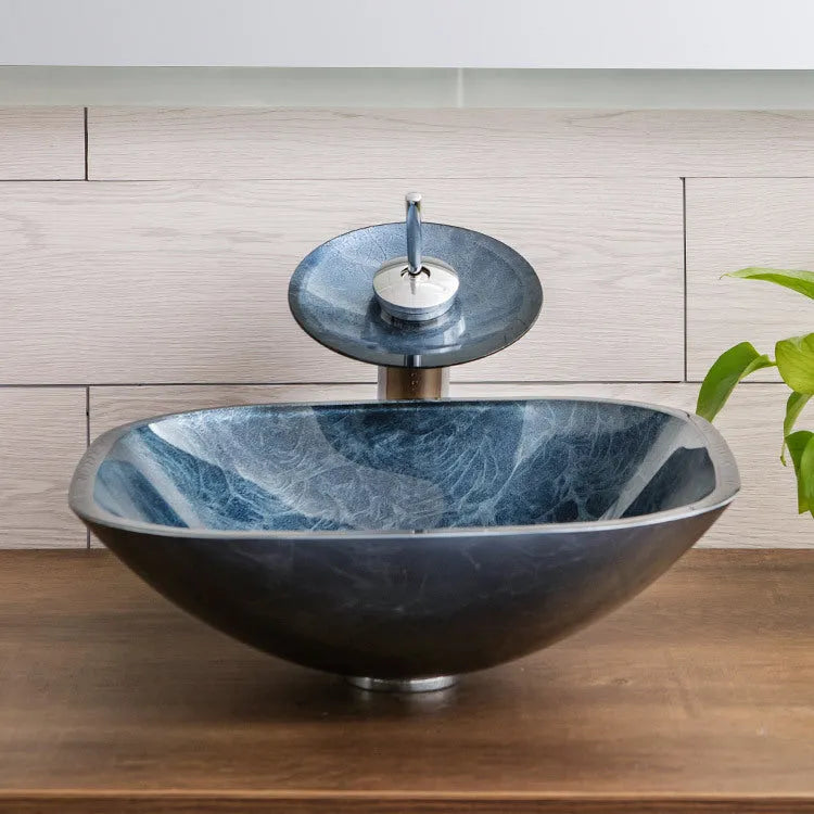 Blue grey tempered glass bathroom table basin with simple art design on white countertop
