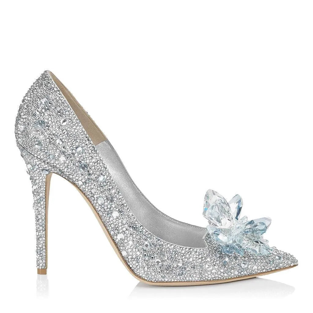 Women's gold stiletto heels with rhinestone decoration and pointed toe