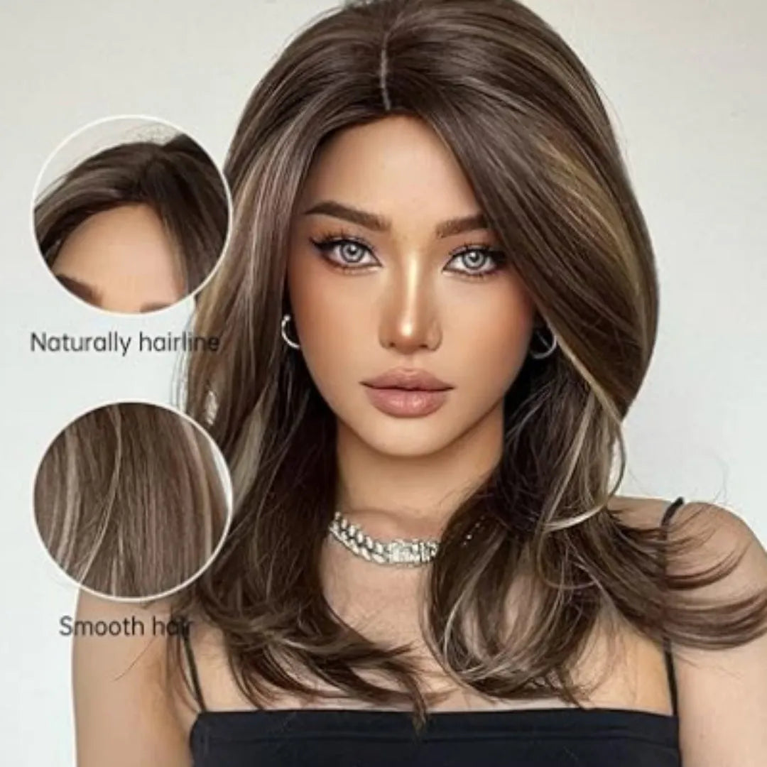 Mid-length platinum gradient colour curly wig with long bangs in star fashion style