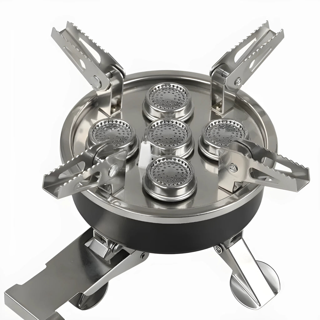 Silver portable split stove with stainless steel construction folded for transport