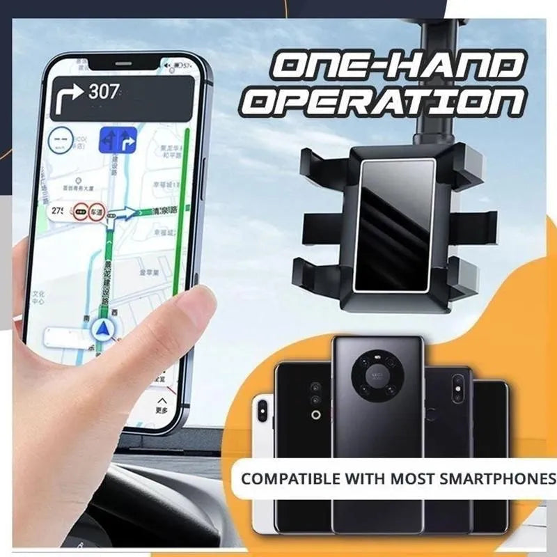 Black rearview mirror car phone holder with telescopic arm and four-claw phone grip in 360-degree rotation.