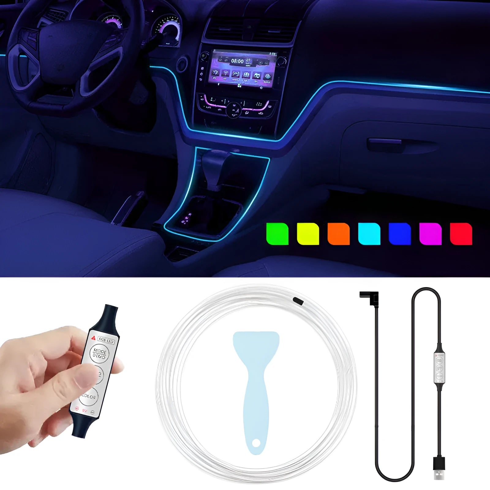 USB car interior LED light strip with wireless controller showing RGB colourful lighting