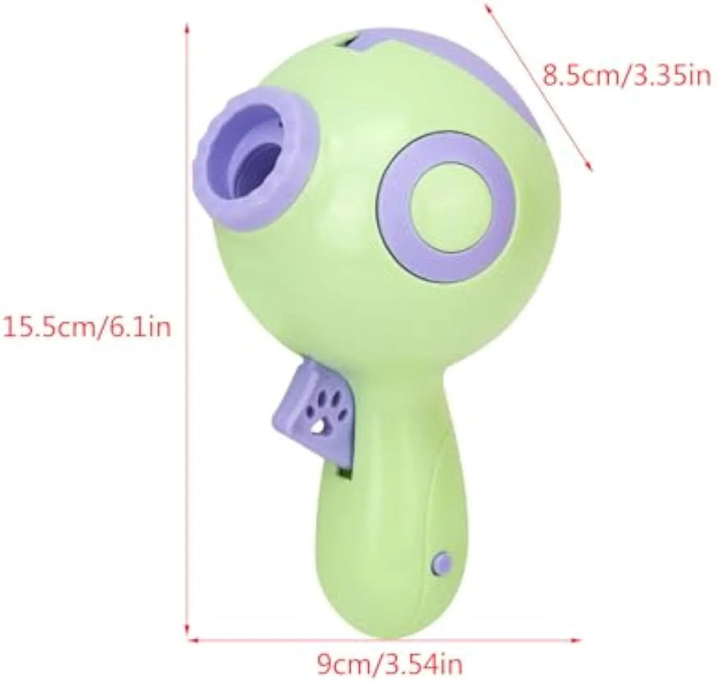 Green dog treat launcher toy with food dispenser mechanism for interactive pet play