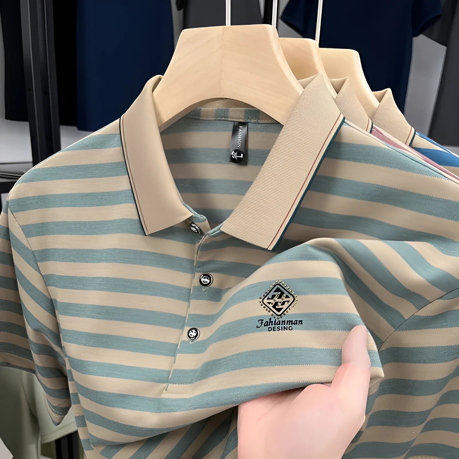 Men's striped casual polo shirt with mosaic pattern in lightweight polyester fabric