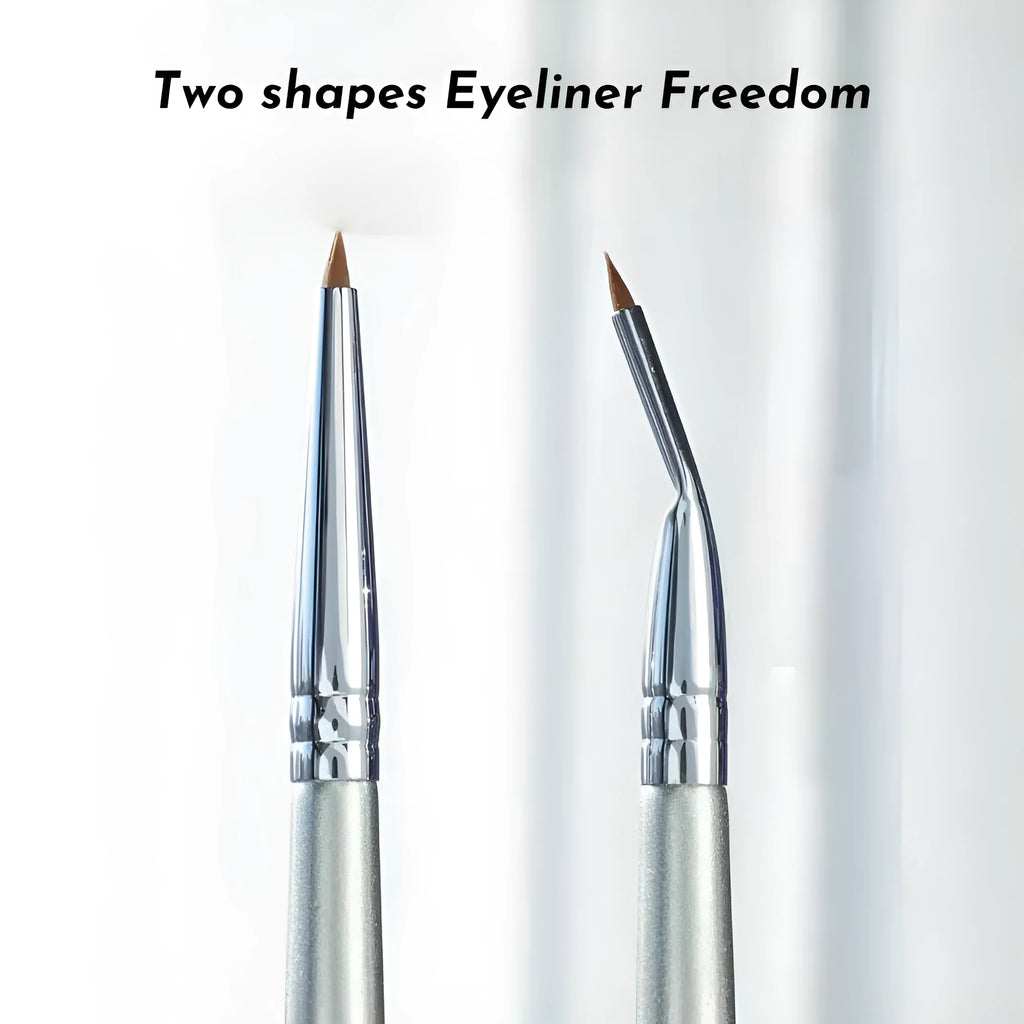 Angled bend head eyeliner makeup brush for precise under eye and tear trough application.
