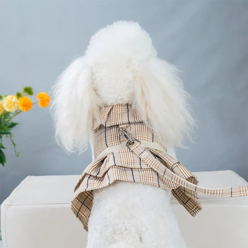 Polyester pet vest with chest strap design and integrated hand-holding rope in beige or purple colour options
