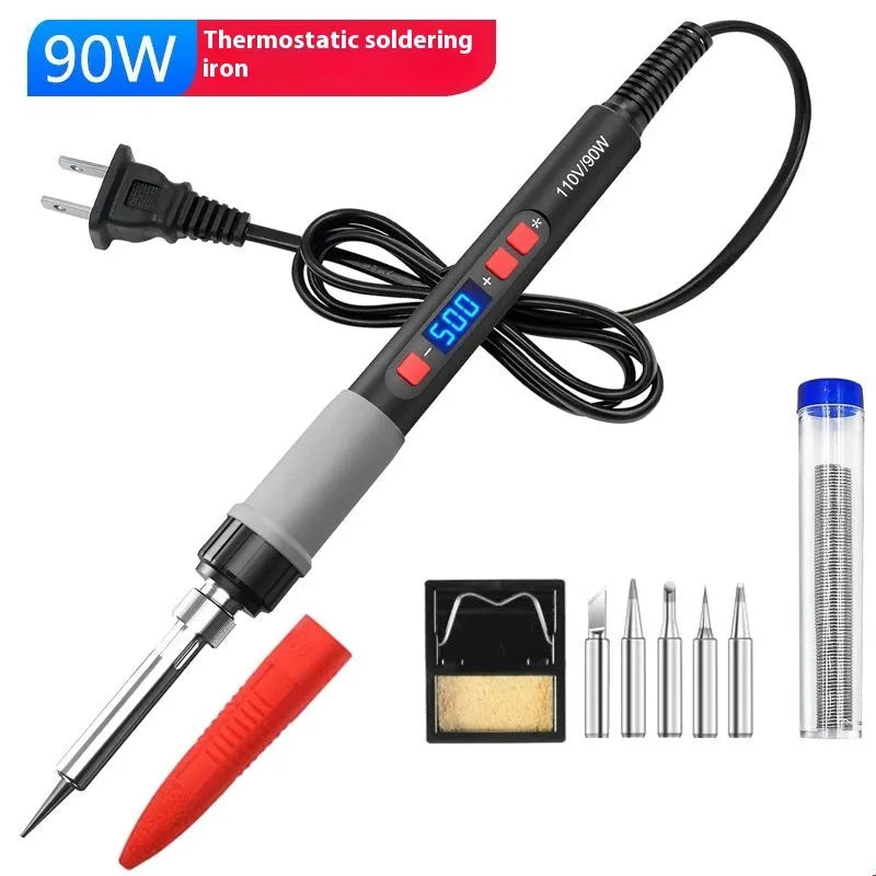 Grey 90W electric soldering iron with ceramic heating core, adjustable temperature, and set of five tips.