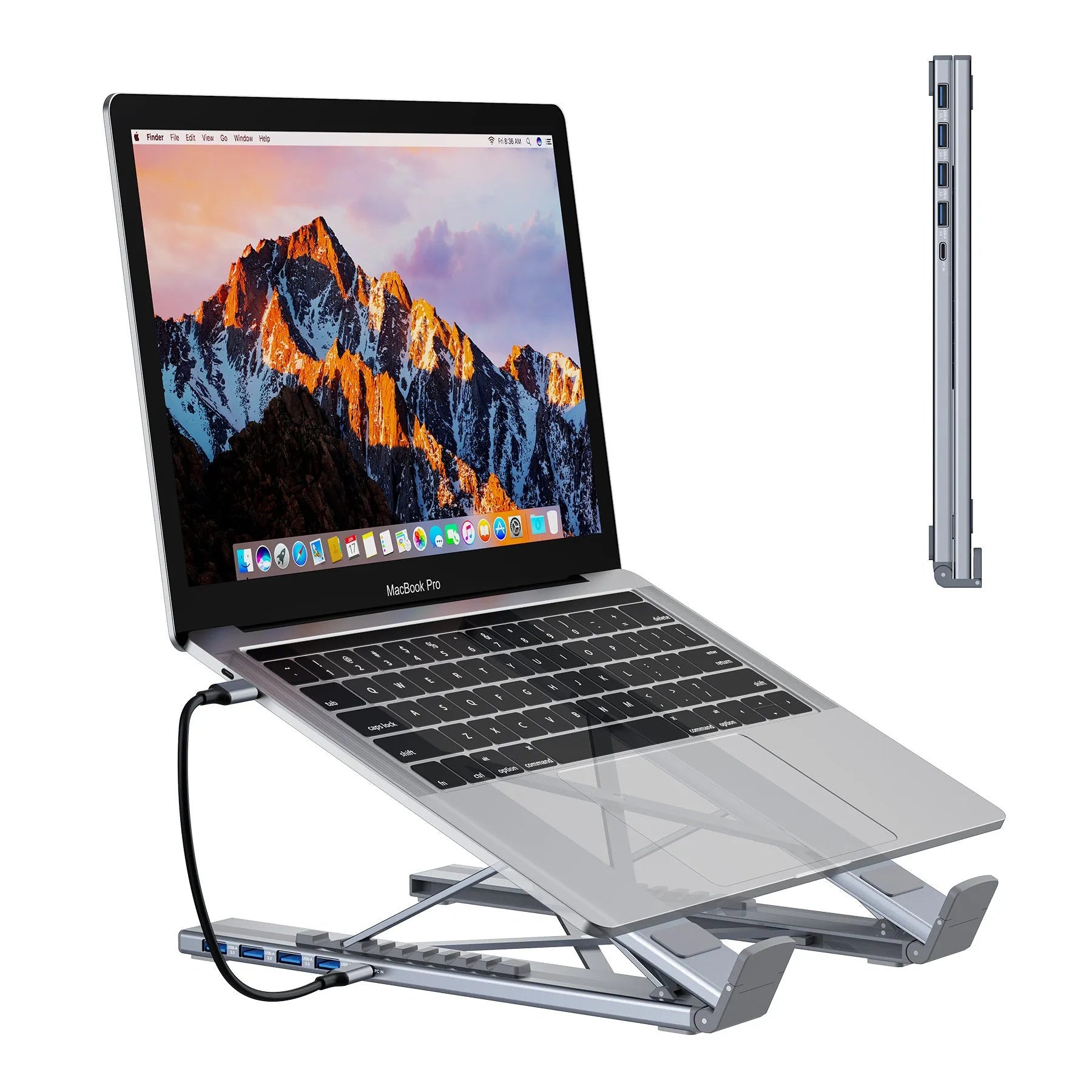 Aluminium folding laptop docking station showing 8-in-1 ports and raised stand.