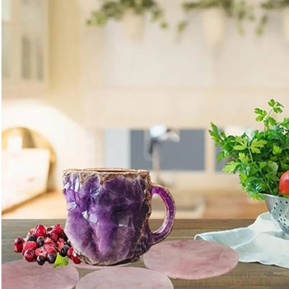 Purple resin mineral crystal coffee mug with handle showing 3D texture and 10cm height