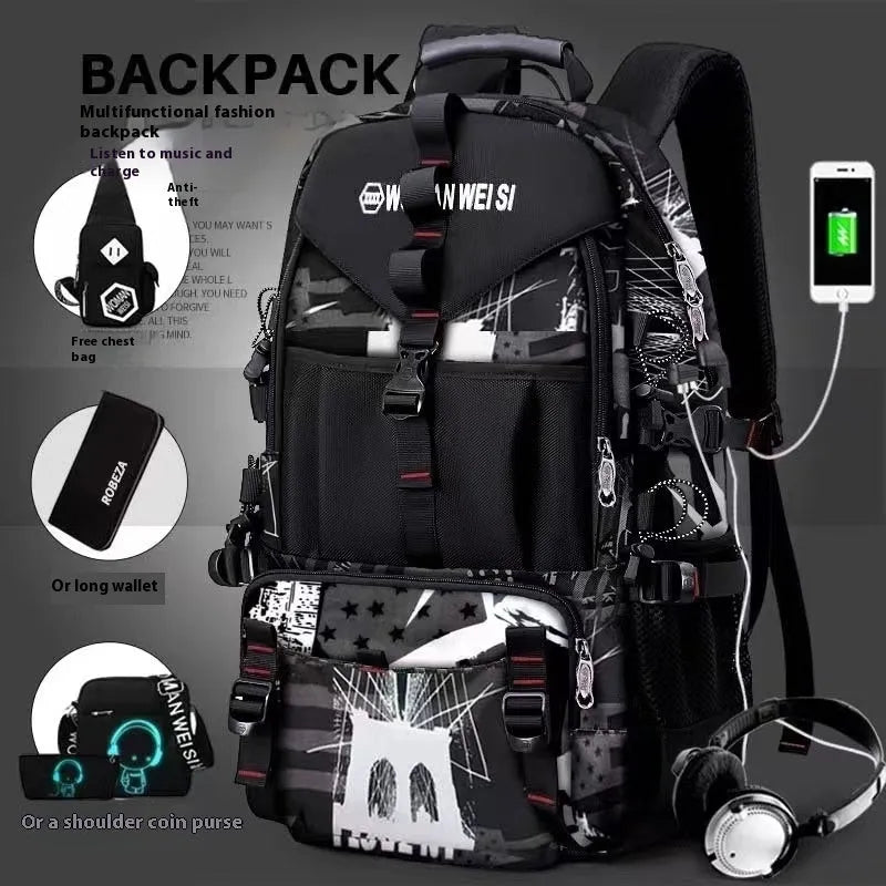 Men's waterproof Oxford cloth hiking backpack showing 56-75 litre capacity and air-pillow belt system