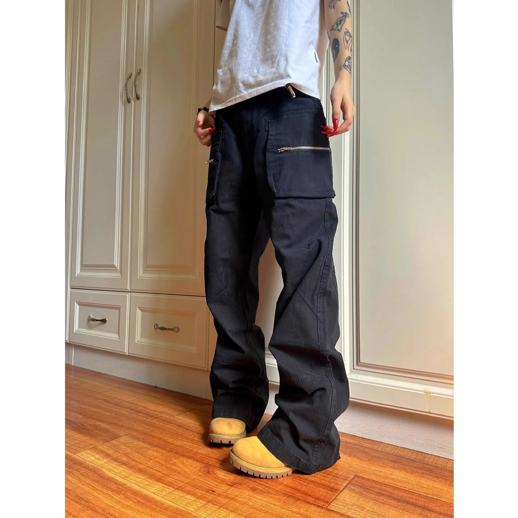 Green and black cotton casual workwear pants with double zipper front closure and multiple pockets