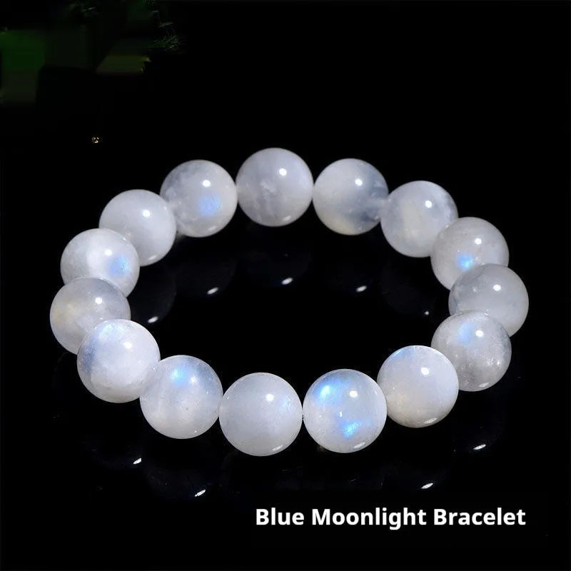 Polished moonstone bracelet with round blue beads showing natural colour variations