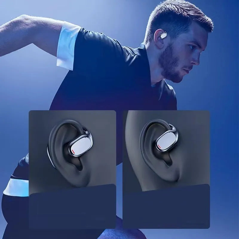 Black bilateral stereo Bluetooth earplug headphones with charging case showing NFC and voice control functions