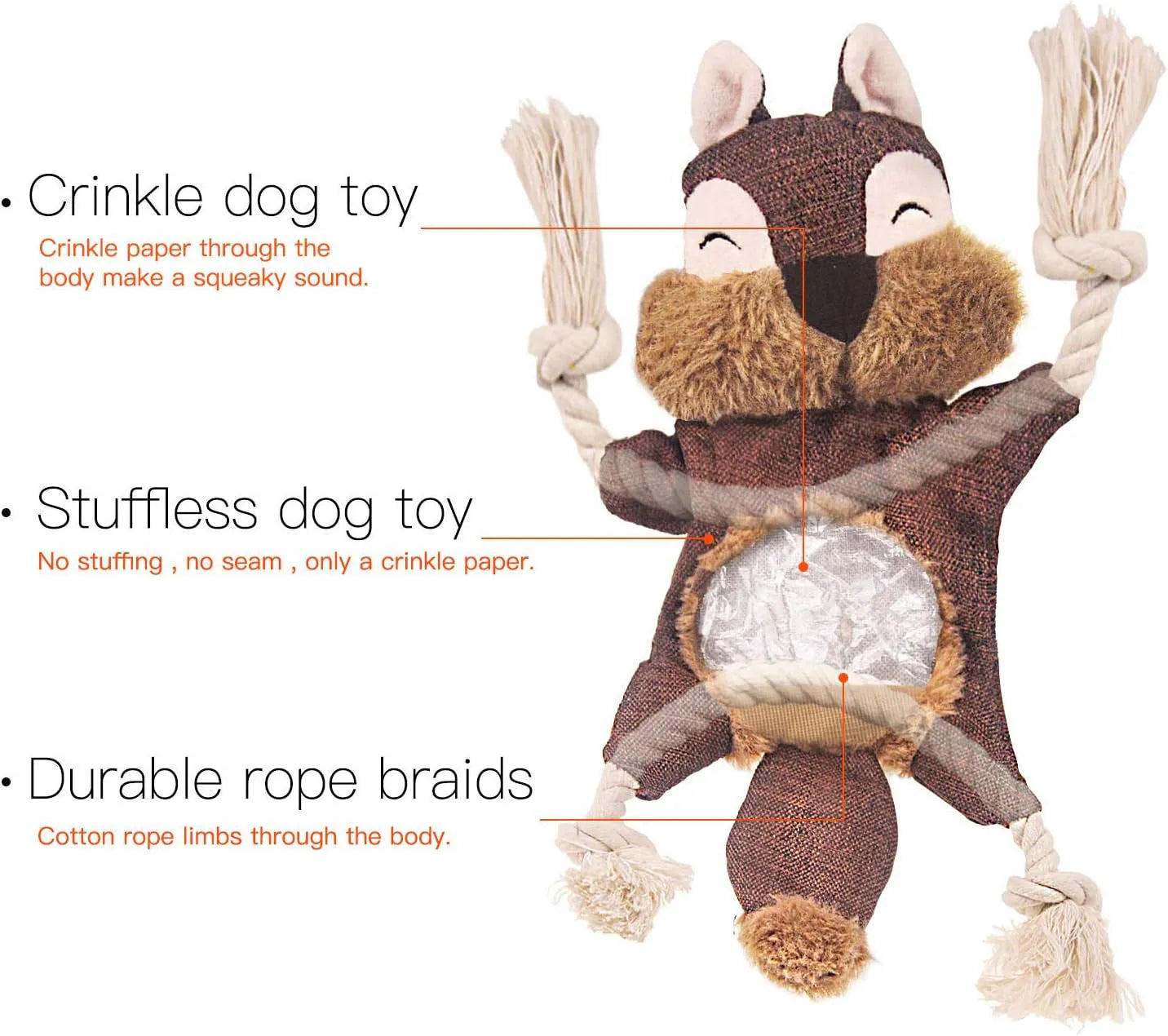 Brown fox dog toy with squeaker and crinkle paper, cotton rope arms and legs, embroidered eyes