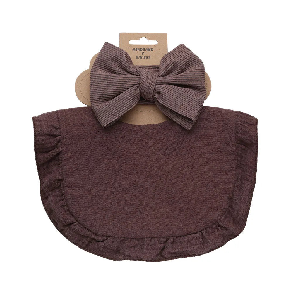 Pure cotton baby bib and headband set in solid colour for girls, absorbent and machine washable