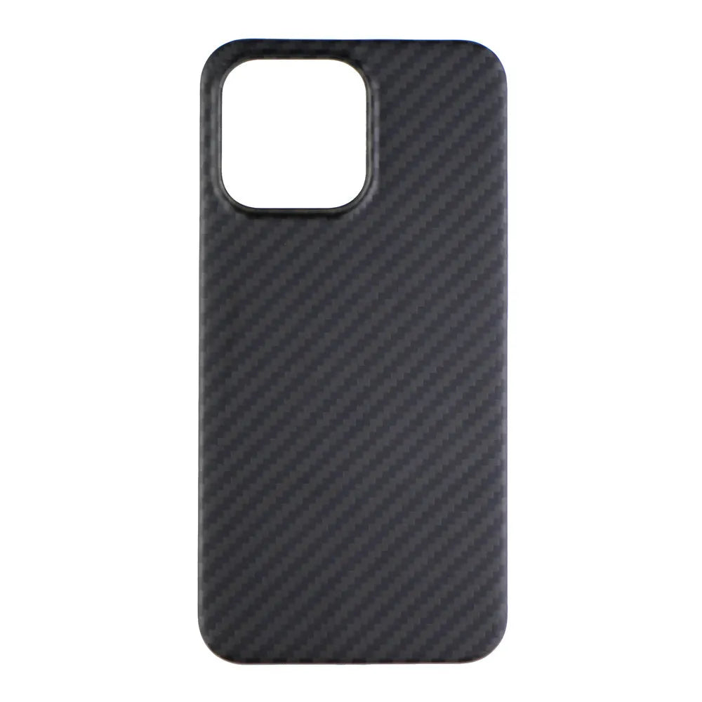 Matte black real carbon Kevlar fibre protective case for Apple iPhone, showing crater texture detail.